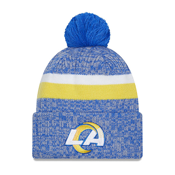 New Era Los Angeles Rams NFL Sideline 2023 Blue Bobble Knit kötött sapka